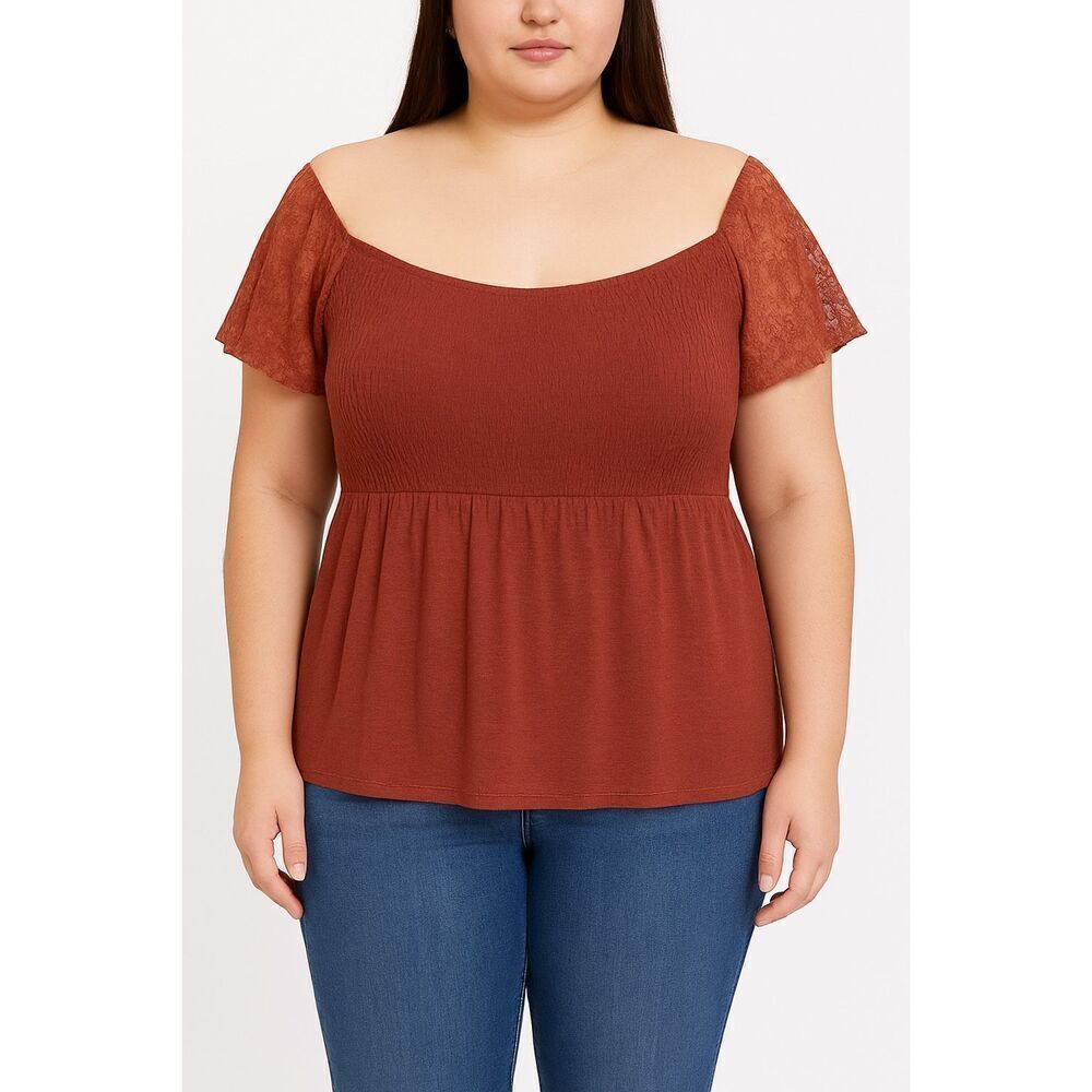 Torrid NEW lace flutter sleeve rust peplum blouse romantic feminine 1X #760